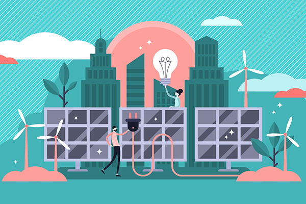 illustration of a cityscape with tall buildings and trees, windmills and solar panels, and a man holding a plug and a woman holding a lightbulb.
