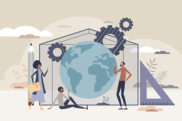 Illustration of 2 men and 1 woman examining the globe, framed by the outline of a house flanked by tools (gears, a pencil, a triangular ruler) and plants and sky with a few clouds in the background.