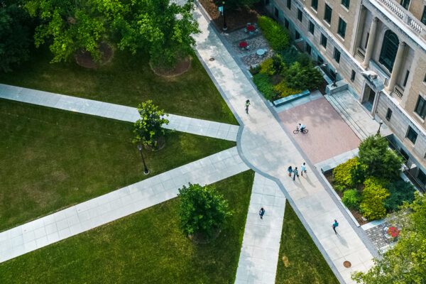 Aerial view of the Ag quad in front of Warren Hall.