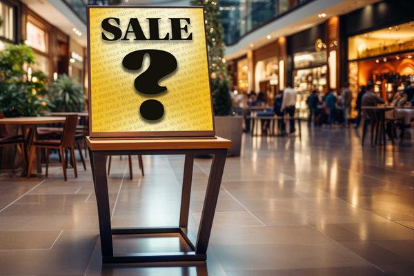 A sign on an easel that reads sale, with a question mark.