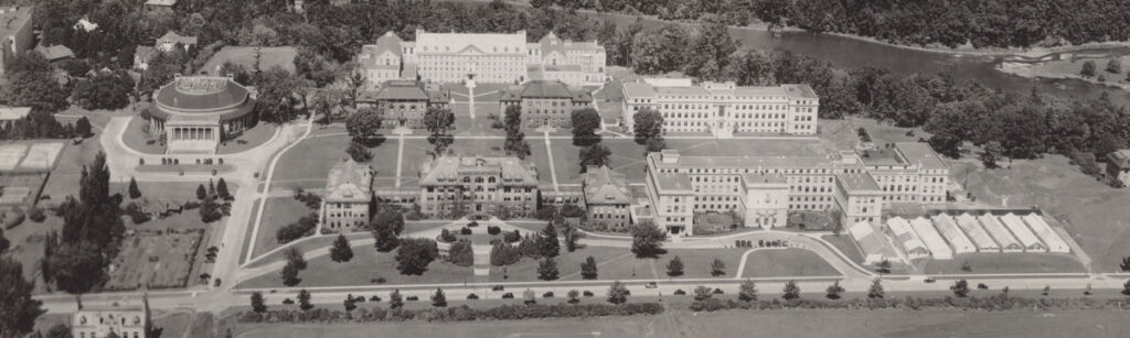 Black and white aerial photo of the Ag Quad on the Cornell campus.