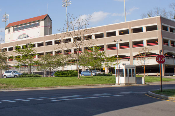 Exterior of a multi-level parking garage.