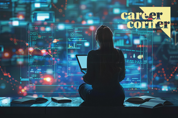 Silhouette from behind of a woman sitting on a table holding a laptop and looking at data and specifications on a wall-sized digital screen.