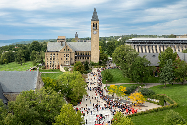 A view of McGraw Tower and Ho Plaza on a busy day.