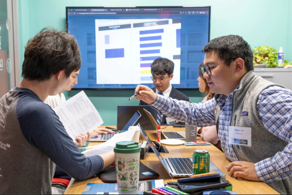 Five students work at a table with a large screen on the back wall of the room.
