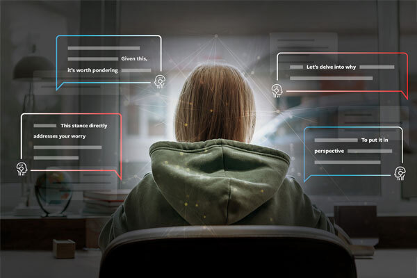 A young woman at a computer with bubbles of conversations around her head with AI chatbots