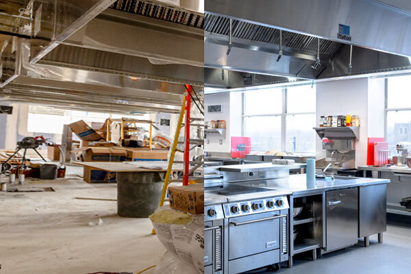 A split-screen photo of the Grailer Food Lab, contrasting the space's appearance under construction and completed.